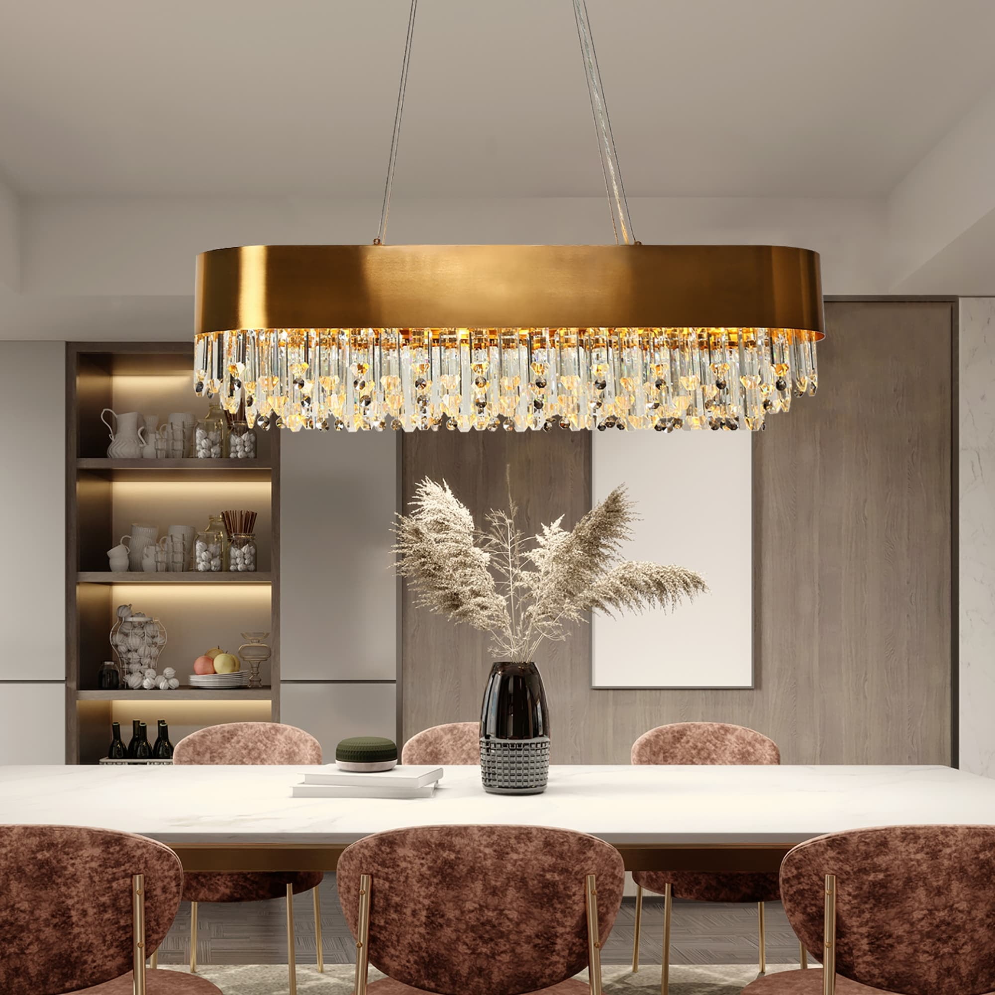Elegant Brass and Crystal 10-Light Rectangular Chandelier
