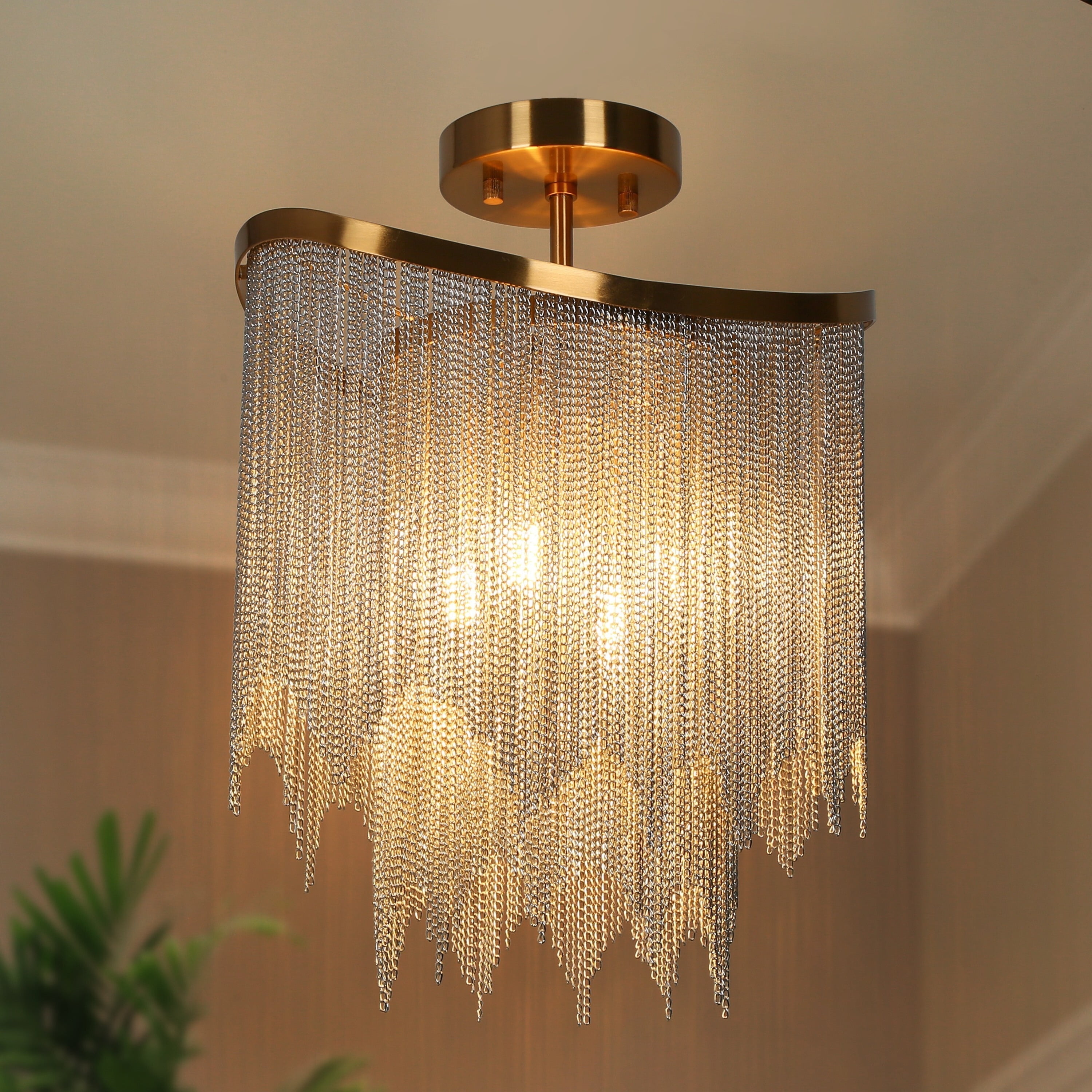 Luxurious Brass and Aluminum Chain 13" Round Chandelier