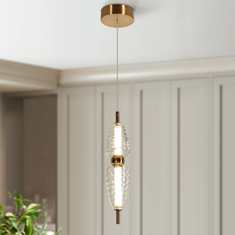 LNC Modern Gold LED Pendant Light with Double Clear Textured Shades, Dimmable Hanging Fixture