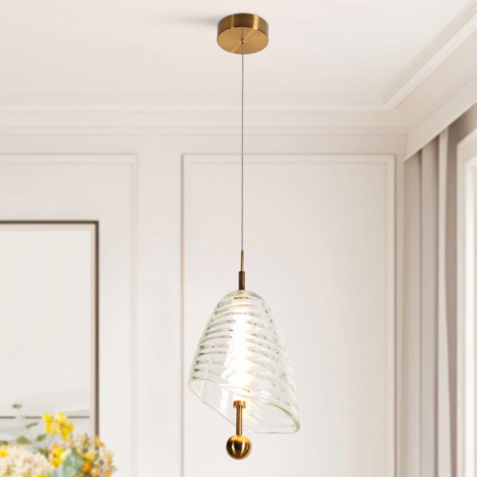 LNC Modern Gold Pendant Light with Clear Textured Shade, Integrated LED Hanging Fixture