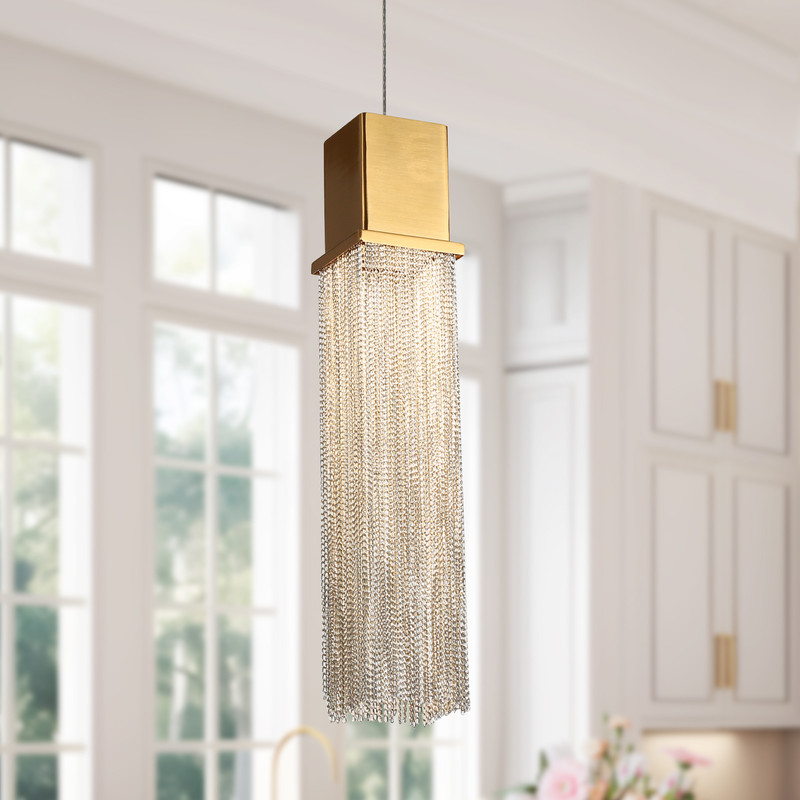 LNC Modern Gold LED Pendant Light with Chain Fringe Shade, Dimmable Hanging Fixture