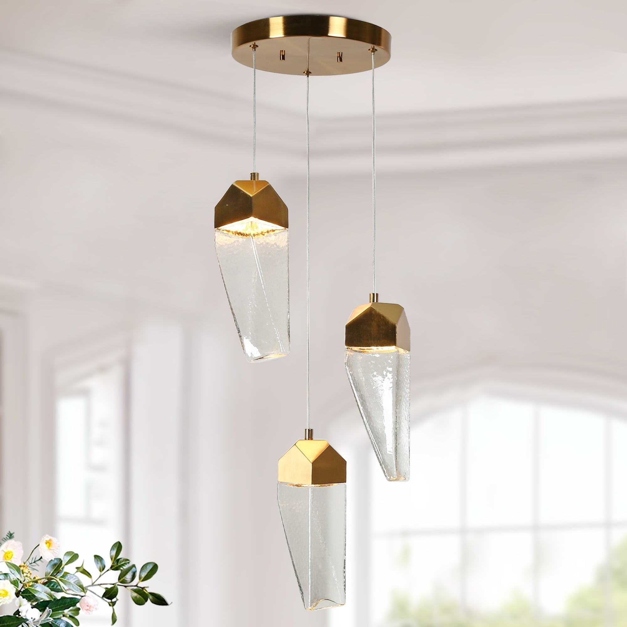 Polished Gold Brass and Crystal 3-Light LED Pendant Chandelier