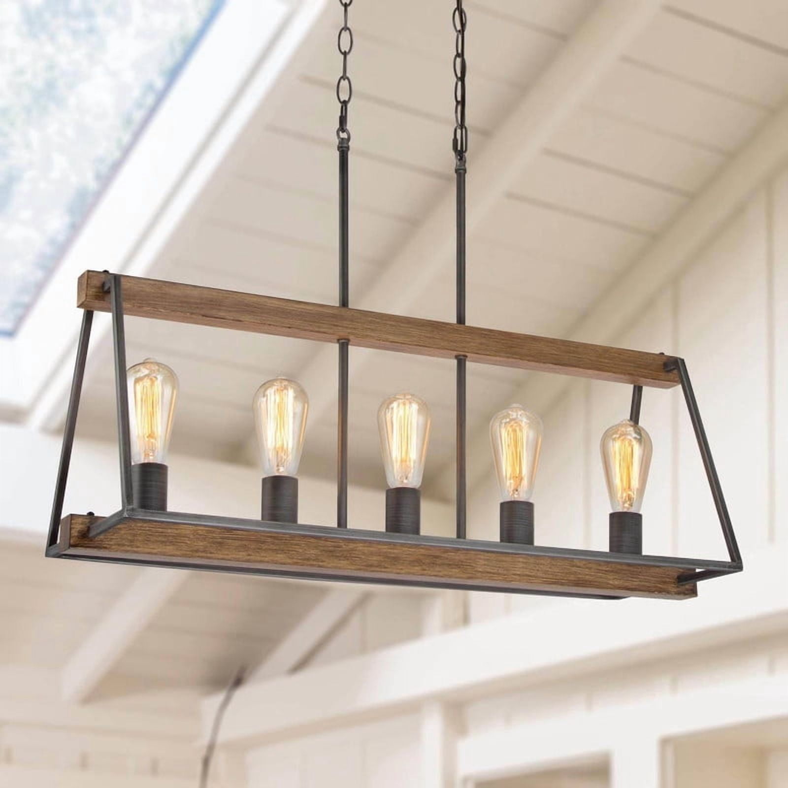 LNC Musleisynin 5-Light Linear Island Light with Faux Wood Accents and Brushed Silver Frame