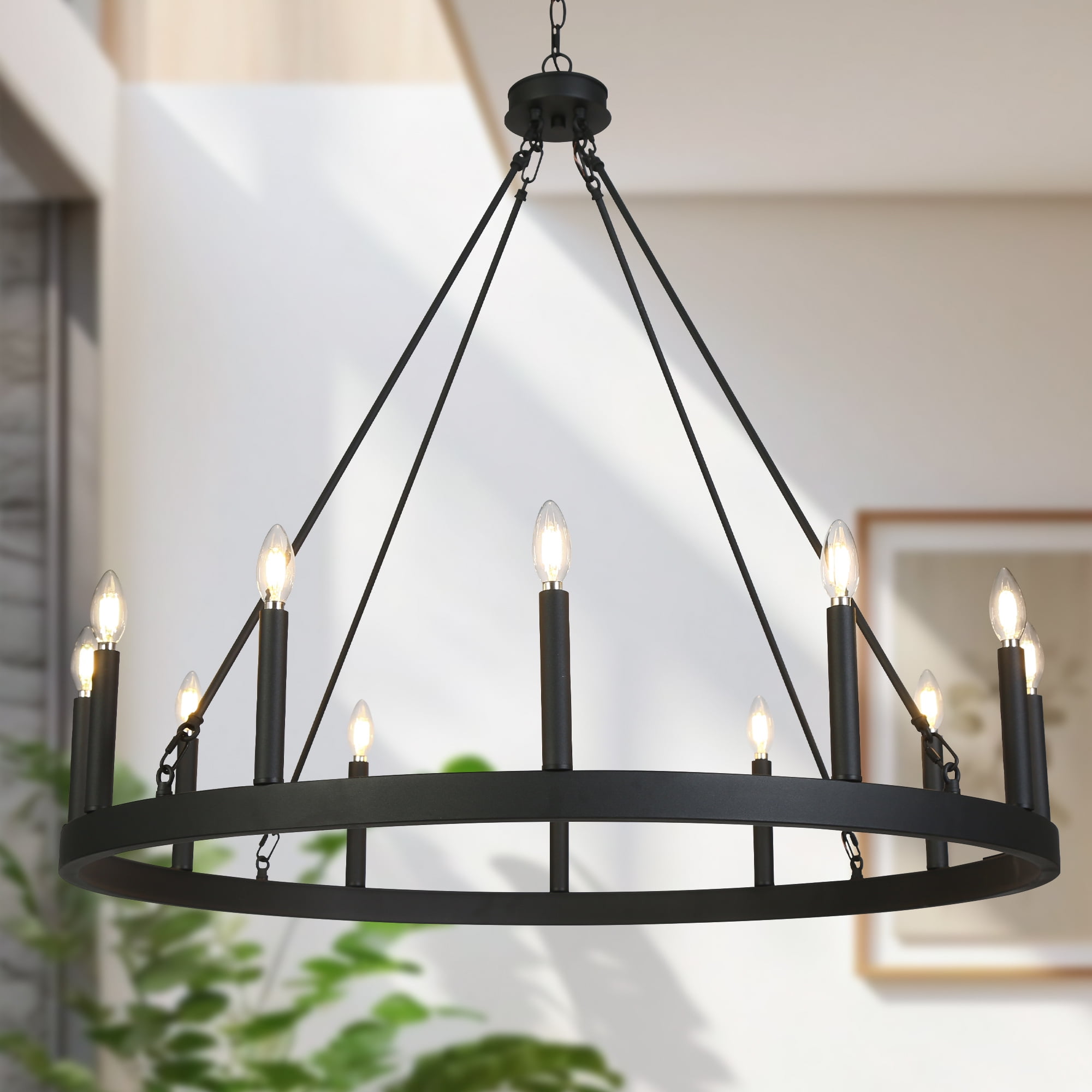 LNC Oversized 12-Light Matte Black Candle Chandelier, 39.4” Modern Round Design