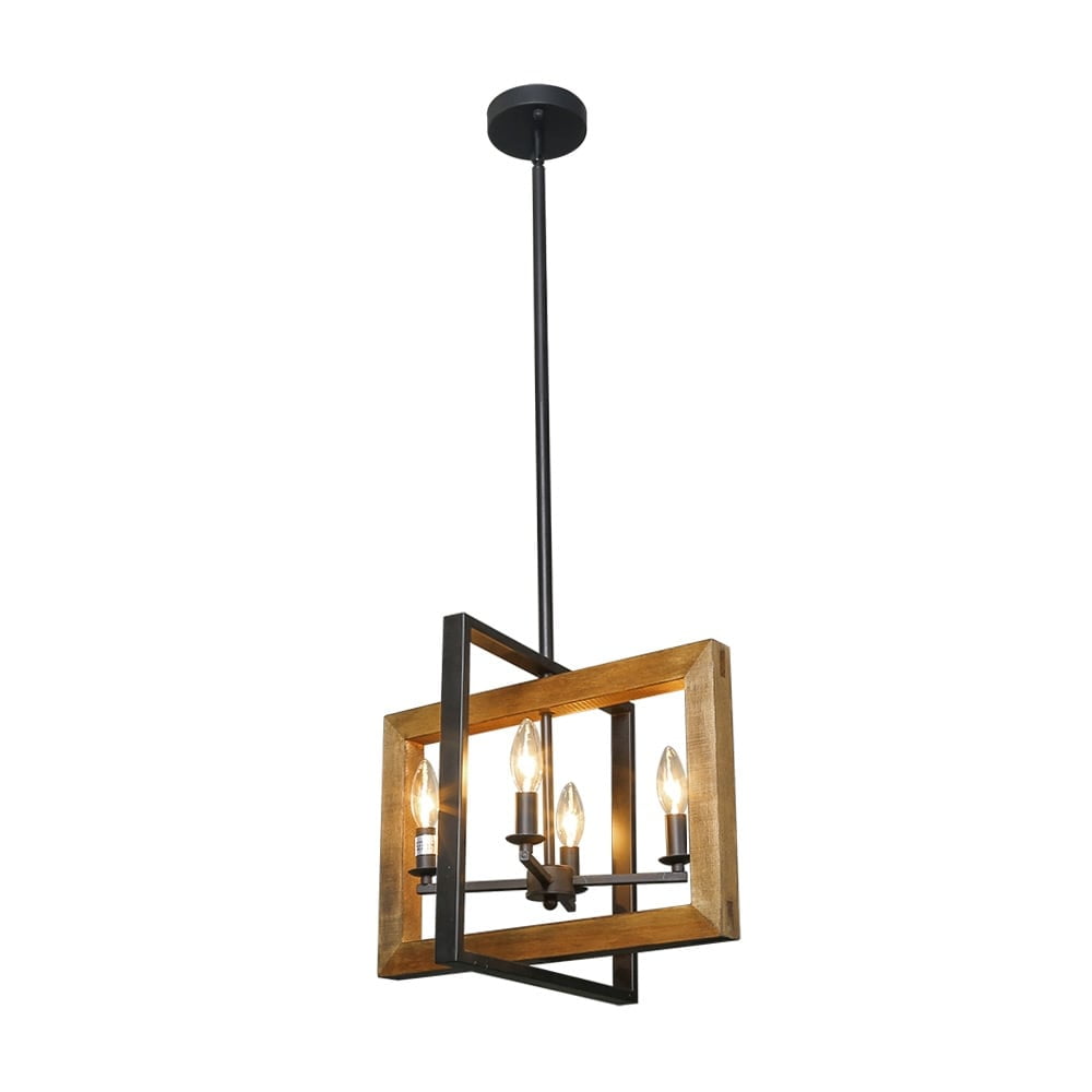 Rustic Wood & Iron 4-Light Black Candelabra Pendant Chandelier