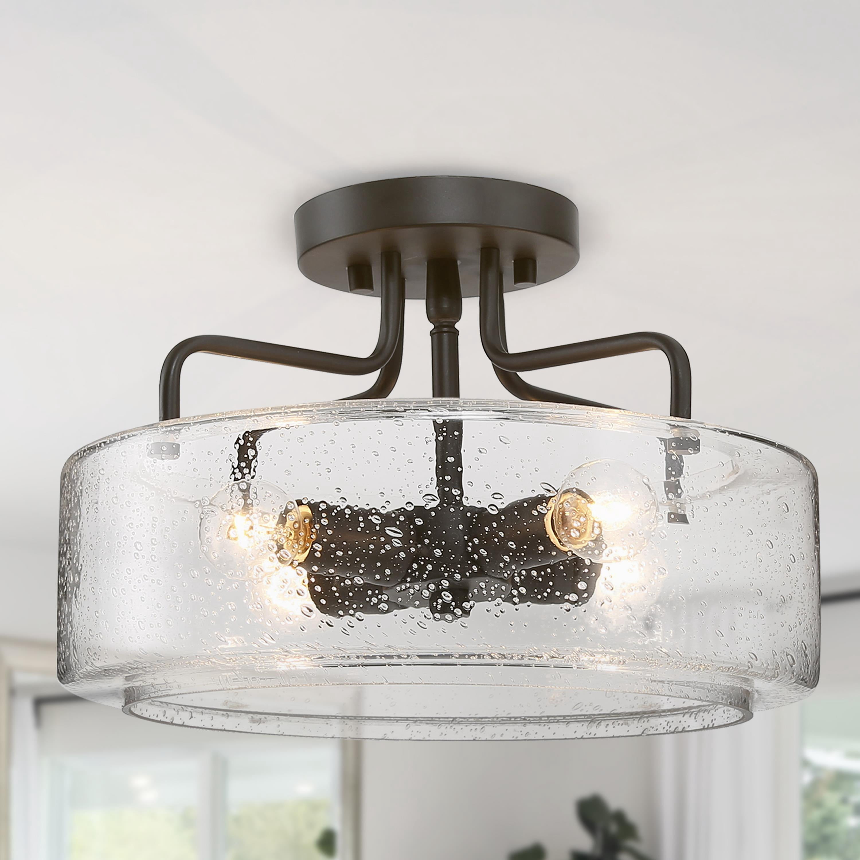 LNC Pict 12-in Black Modern/Contemporary Flush Mount Indoor Ceiling Lighting,with Round Seedy Glass Shade lamp,L12"xW12"xH9"