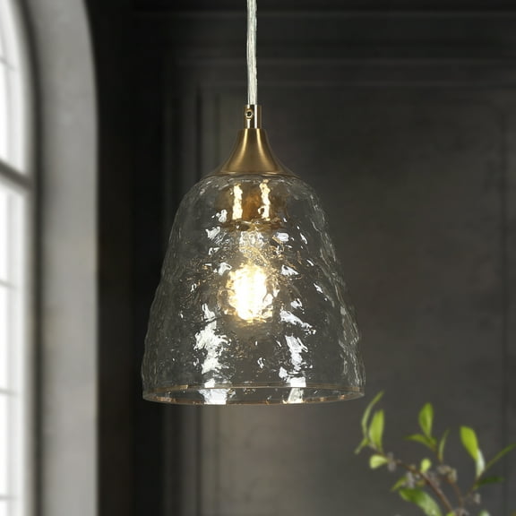 LNC Polished Brass Modern/Contemporary Ribbed Glass Bell LED Mini Hanging Pendant Light