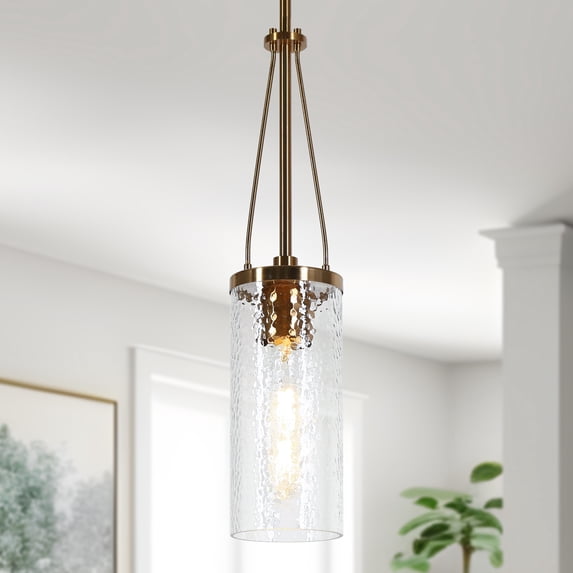 LNC Polished Dark Gold Modern Textured Glass Cylinder LED Mini Hanging Pendant Light