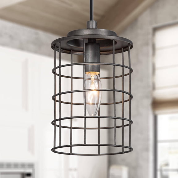 LNC Prosody Industrial Cage Pendant Light in Brushed Silver, Adjustable Hanging Fixture