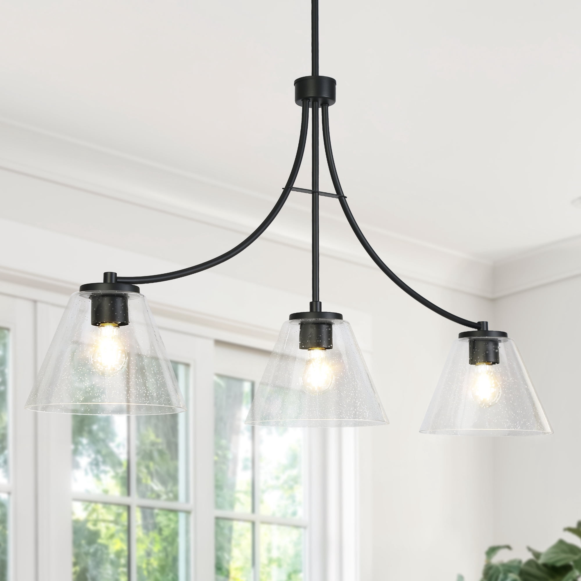 LNC Pulpmille 3 -Light 42''L Matte Black and Seeded Glass Farmhouse Seeded glass Linear Large Hanging Kitchen Island Light