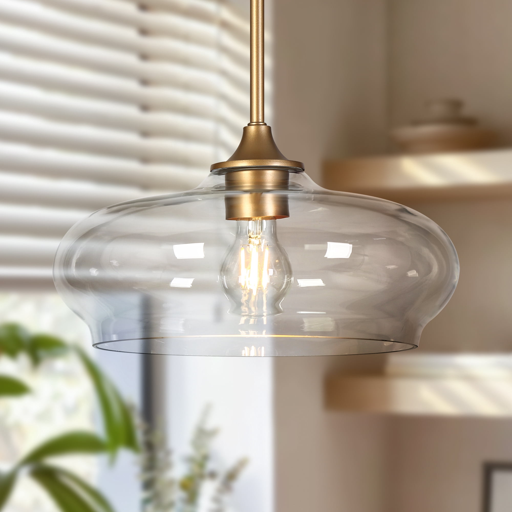 LNC Requintada 1 -Light Matte Gold and Clear Glass Bowl Modern/contemporary Clear glass Bowl Small Hanging Pendant Light