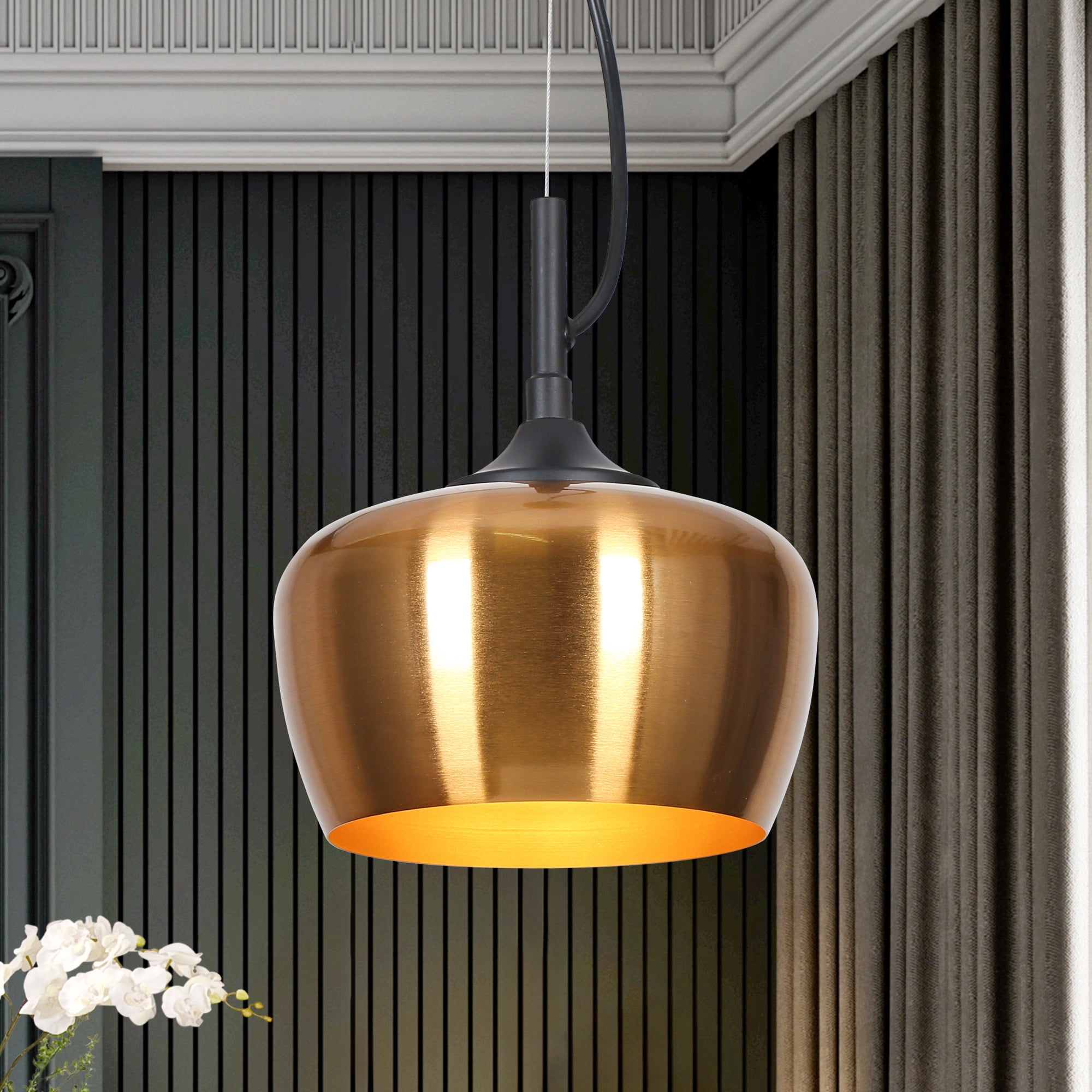 LNC Resplandor 1 -Light Electroplated Copper and Matte Black Mid-century Metal Dome Mini Hanging Pendant Light