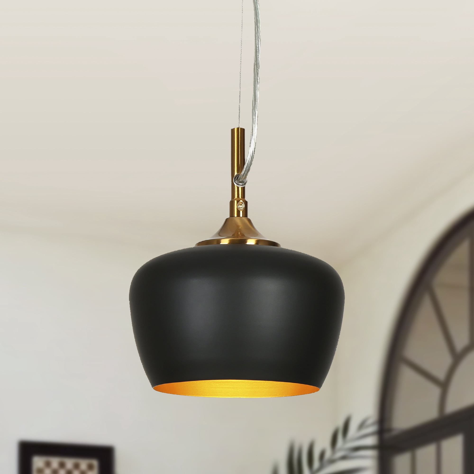 LNC Resplandor 1 -Light Matte Black and Electroplated Copper Mid-century Metal Dome Mini Hanging Pendant Light