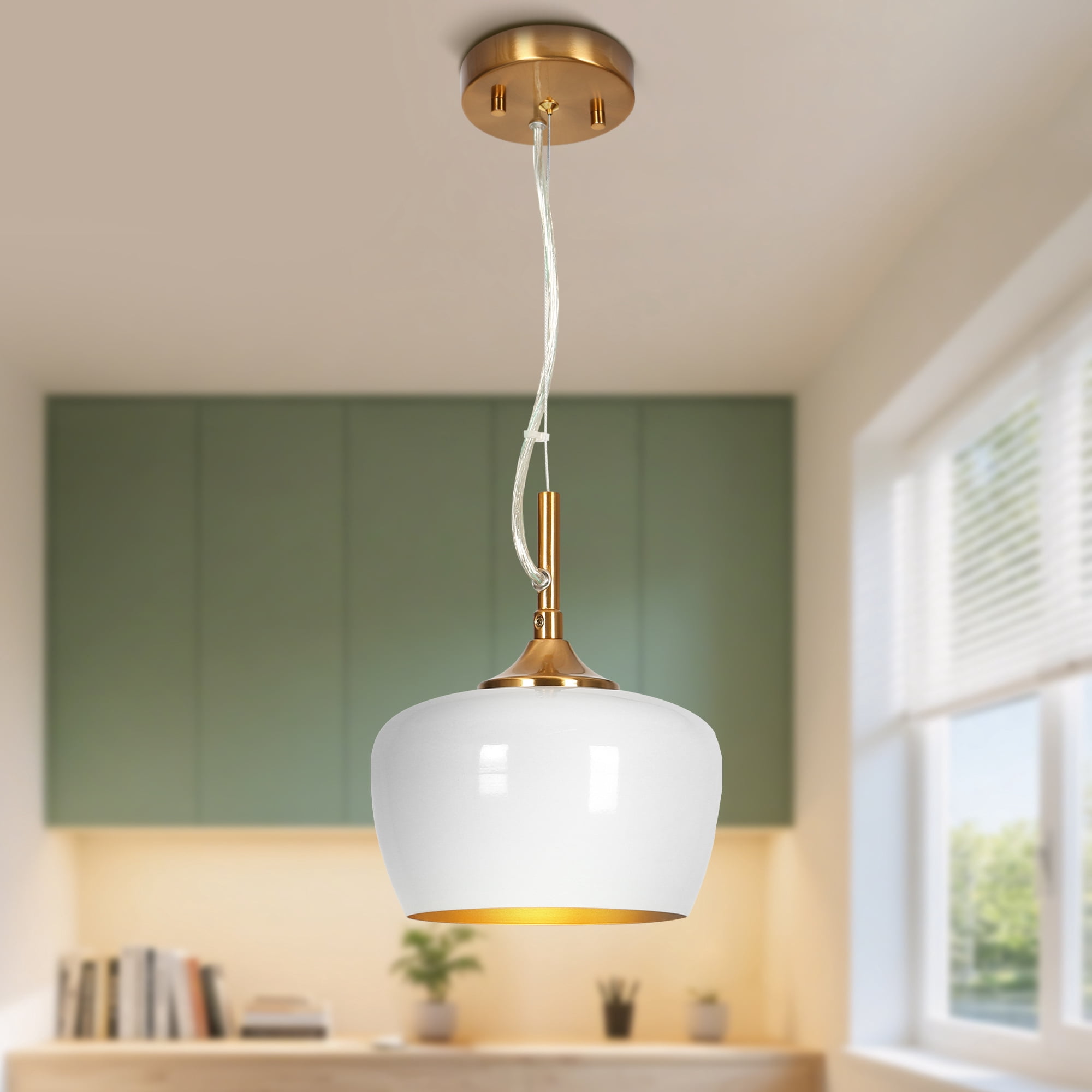 LNC Resplandor 1 -Light Matte White and Electroplated Copper Mid-century Metal Dome Mini Hanging Pendant Light