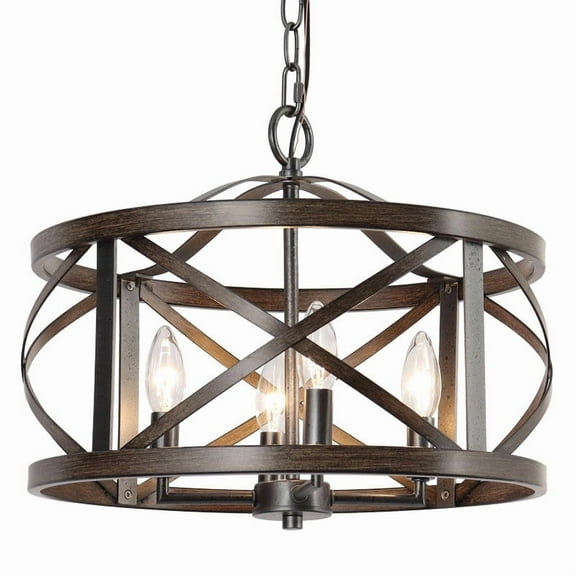 LNC 4-Light Distressed Black and Wood Drum Cage LED Farmhouse Chandelier