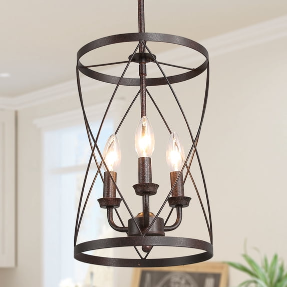 LNC Rustic 3-Light Bronze Farmhouse Cylinder LED Pendant Light Lantern Chandelier Kitchen Island Light