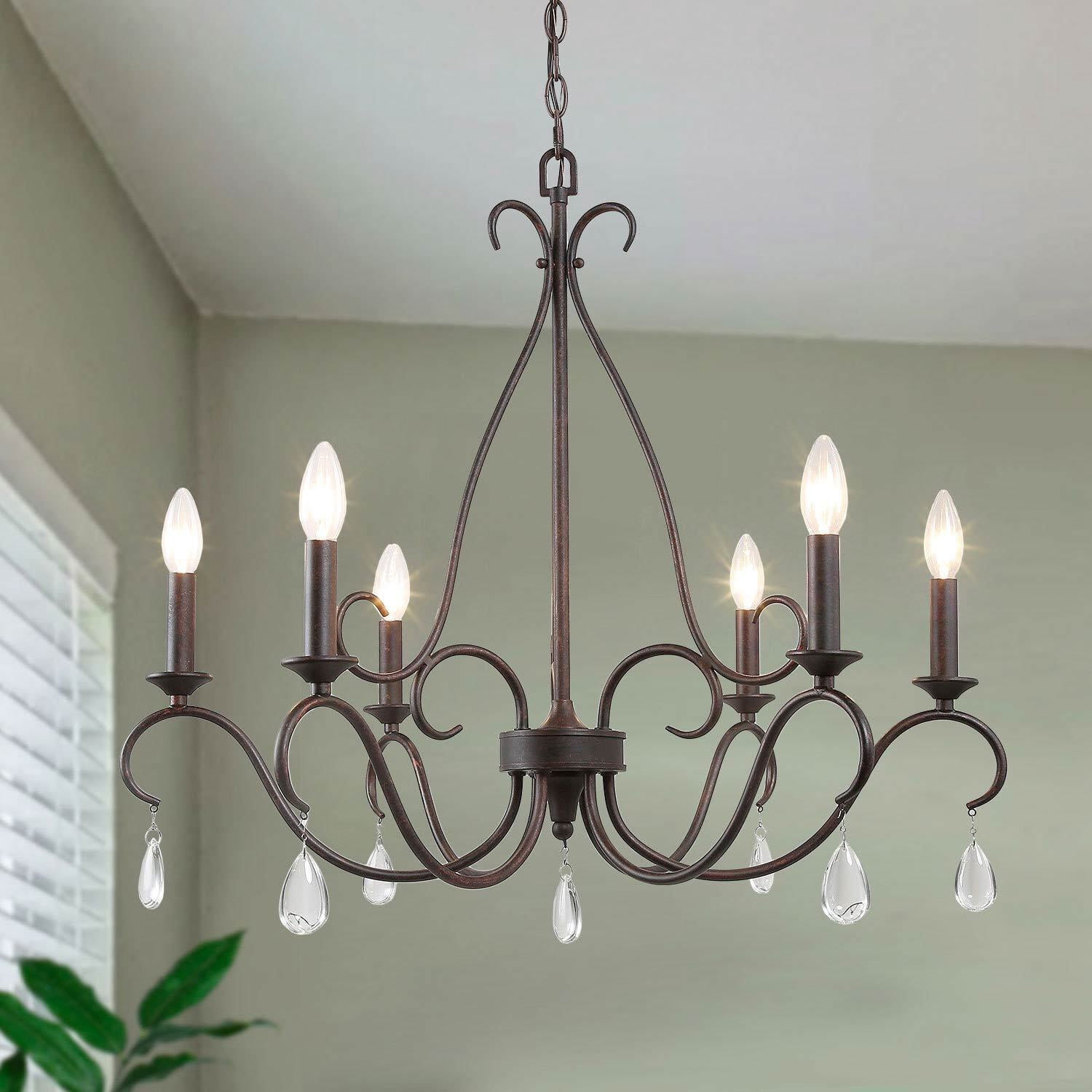 LNC Rustic 6-Light Chandelier Bronze Finish, LED Kitchen Island Light with Crystal