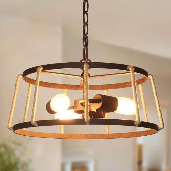 LNC Saibaobey 3-Light Rustic Metal and Rope Drum Pendant Light for Kitchen Island