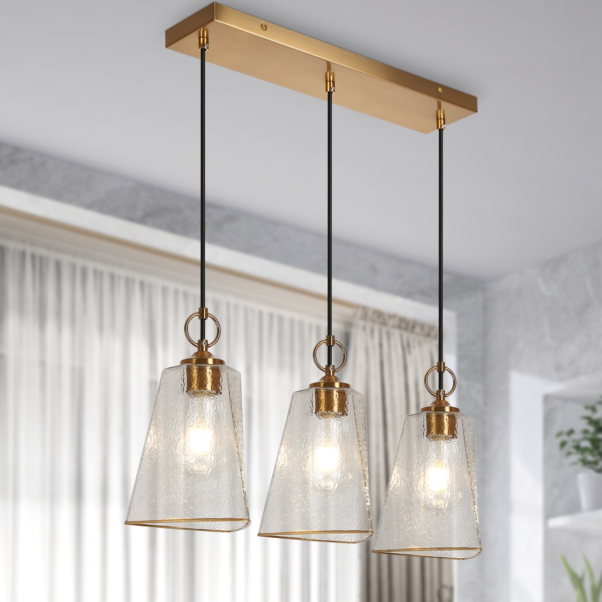 LNC sduiaor 3-Light Linear Kitchen Island Light, Gold and Black Modern Textured Glass