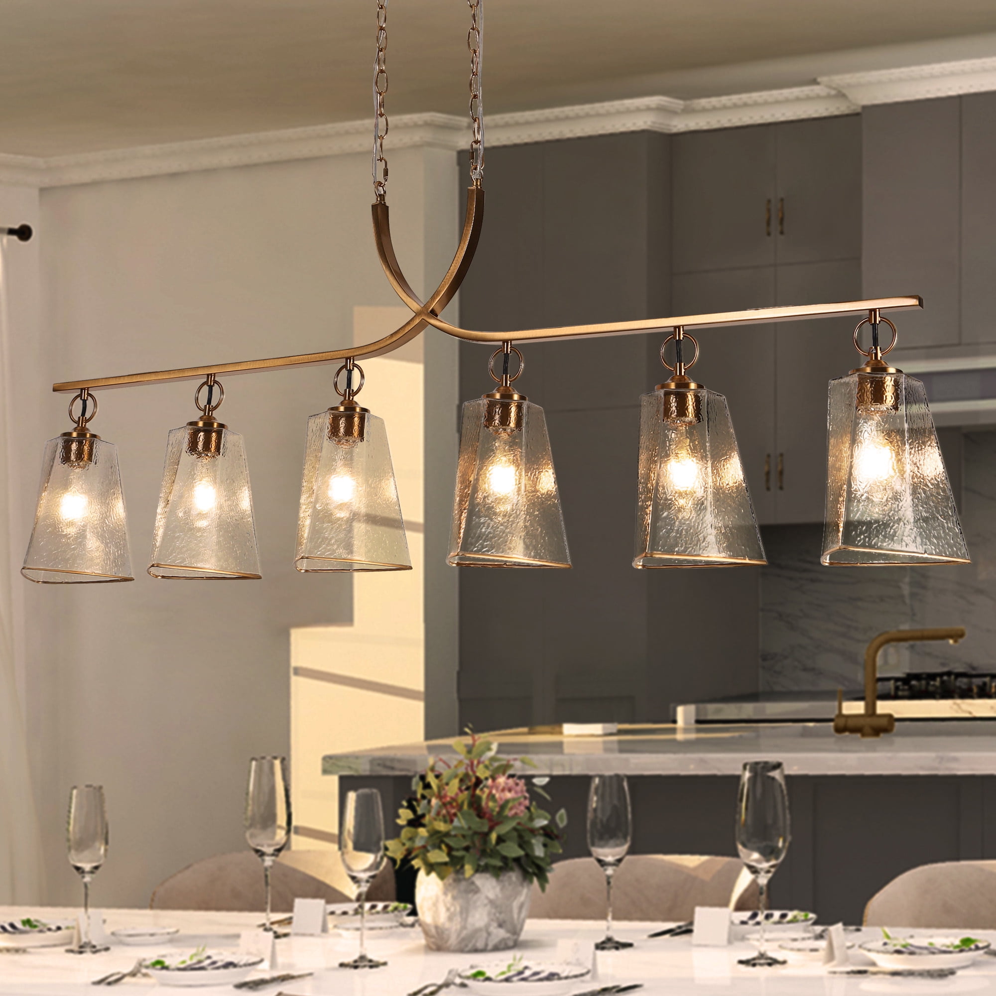 LNCsduiaor 6-Light Polished Gold Modern Textured Glass Linear Hanging Kitchen Island Light