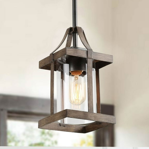 LNC Single Pendant Light with Glass Farmhouse Style in Wood Grain Finished for Hallway