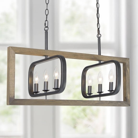 LNC Sydney 8-Light Matte Black and Wood Farmhouse Linear Chandelier for Kitchen Island or Dining Room