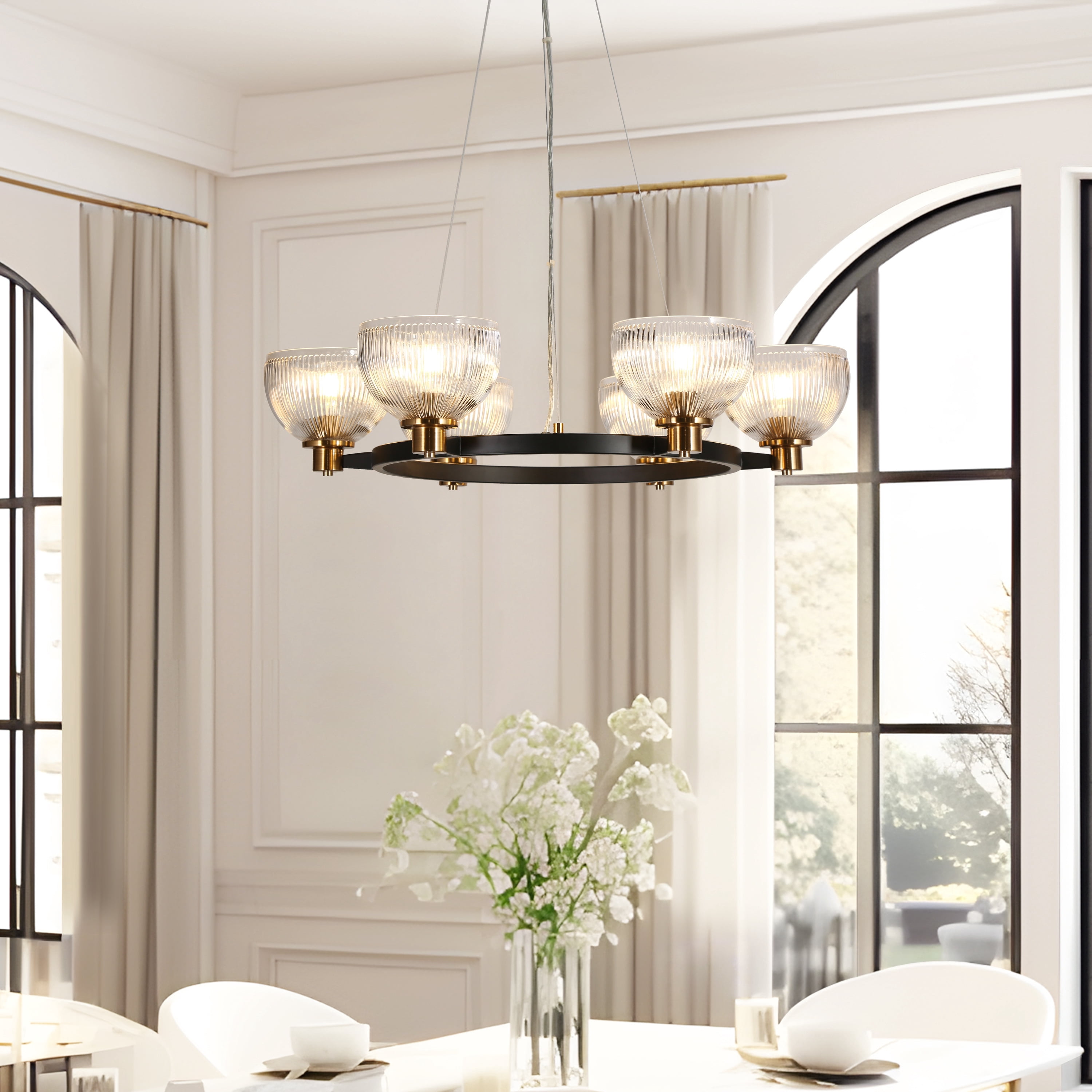 LNC Towlnession Wagon Wheel 30.9 in 6 -Light Matte Black Textured glass Metal Chandelier