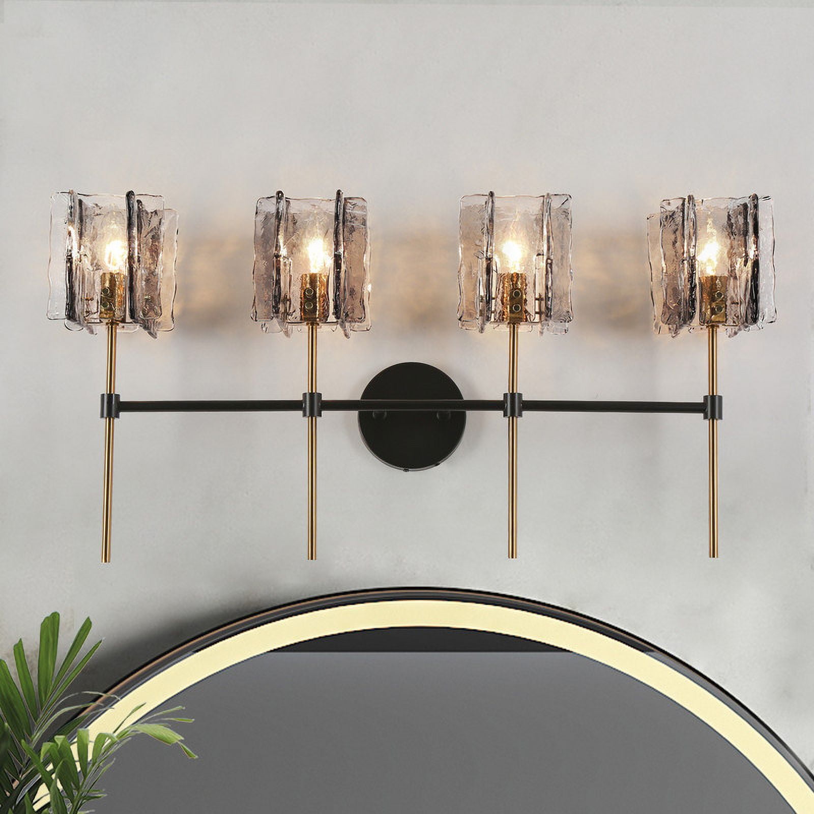 LNC Modern 4-Light Vanity Light with Smoky Textured Glass Shades, Black and Brass Finish