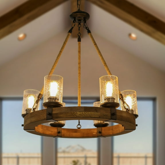 LNC Wood Chandelier Farmhouse Wagon Wheel Dining Lighting Fixtures with Seeded Glass Shades 6-Lights