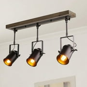3-Light Adjustable Track Lighting with Wood Canopy, Matte Black Industrial Ceiling Fixture
