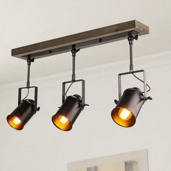 LNC 3-Light Adjustable Track Lighting with Wood Canopy, Matte Black Industrial Ceiling Fixture