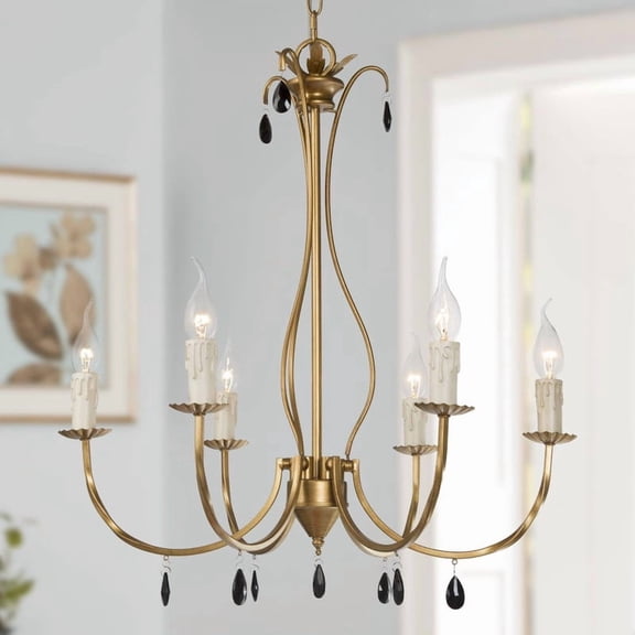 LNC Zirndorfer 6-Light Antique Brushed Gold Candle Chandelier with Black Crystal Accents
