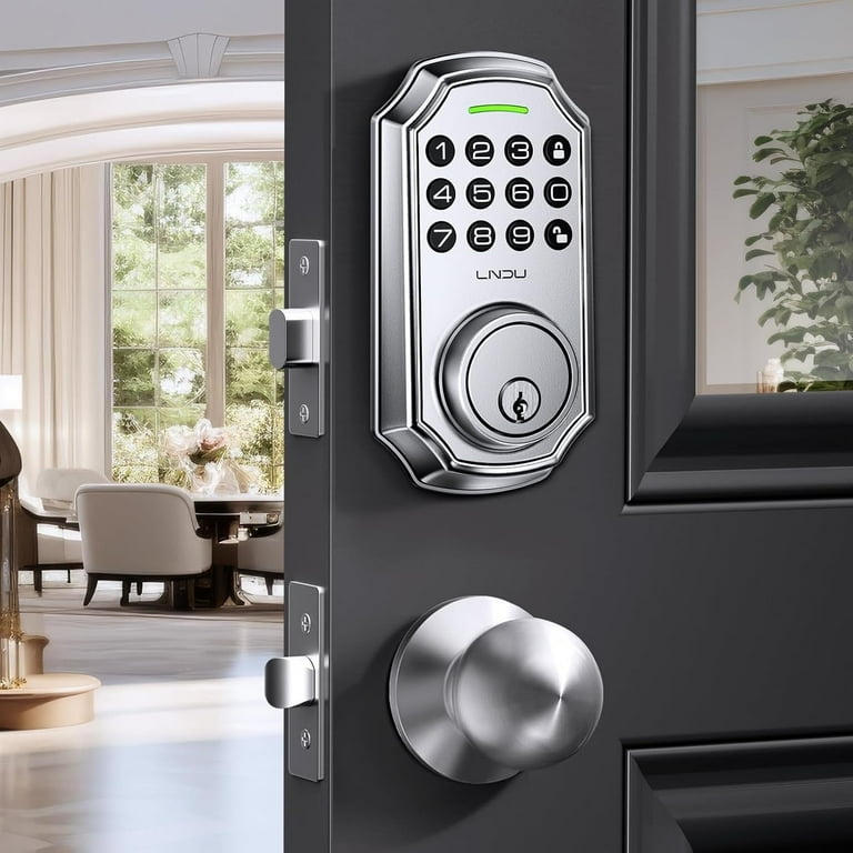 LNDU Keyless Entry Door Lock 100 Codes Front Door Lock Set Smart Lock with Handle Electronic Keypad Deadbolt with 2 Knob One Touch Lock Auto