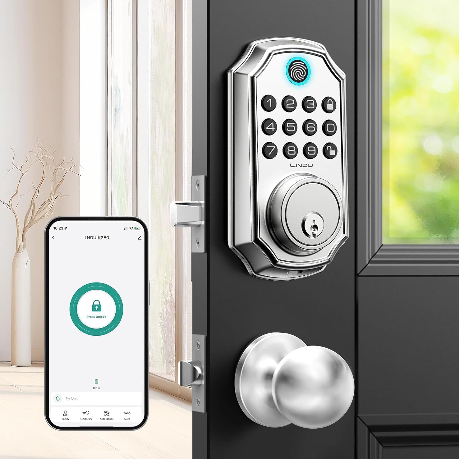 LNDU Keyless Entry Door Lock with Handle, App Control Smart Lock Set, Fingerprint Door Lock, 100 Passcodes for Front Door, Auto Lock, Anti-Peeping Password