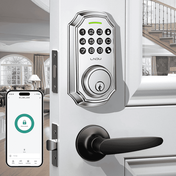 LNDU Keyless Entry Door Lock, Upgraded APP Control, Door Locks for Front with 100 Codes, Smart Lock with Anti Peeping Password, Keypad Deadbolt One Touch Locking, Auto Lock, Easy Install, Handle set
