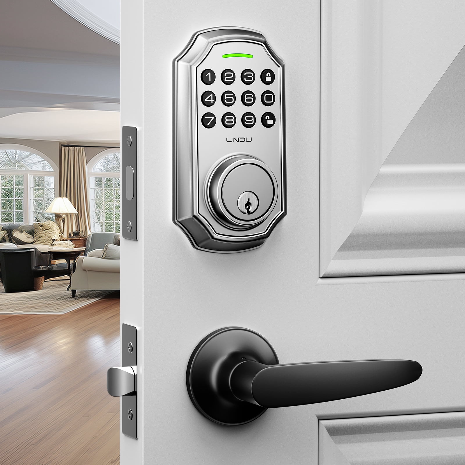 LNDU Smart Door Lock with Handle, App Control Electronic Keypad Deadbolt, Keyless Entry Door Lock Handle Set, 100 Code for Front Door, One Time Password, Auto Lock, One Touch Locking, Silver