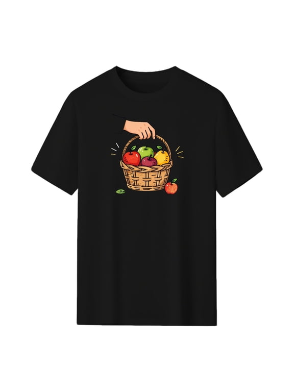 Apple Basket Fruit Graphic Tee, Black Unisex T-Shirt