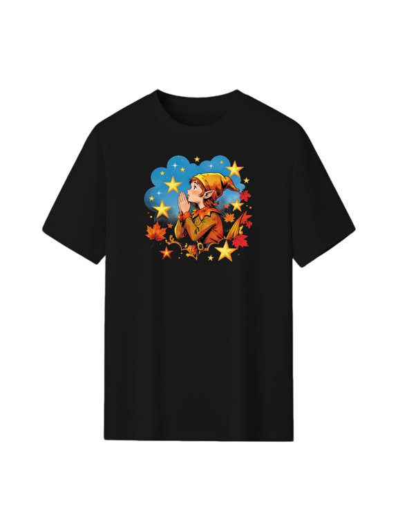 Autumn Elf Wishing Stars Christmas Graphic Tee, Black