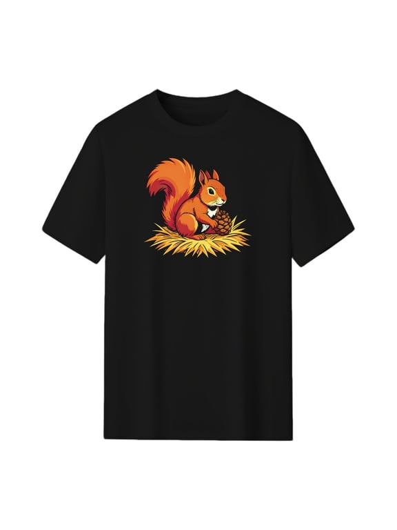 Autumn Squirrel Pinecone Graphic Tee, Black Unisex T-Shirt