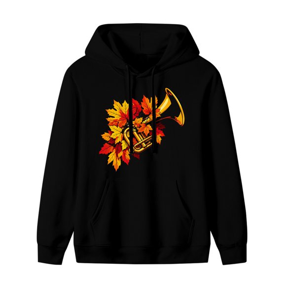 LNFAUEAPRINT Autumn Trumpet Graphic Hoodie, Black Unisex Pullover