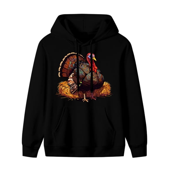 LNFAUEAPRINT Autumn Turkey on Hay Bale Thanksgiving Graphic Hoodie, Black