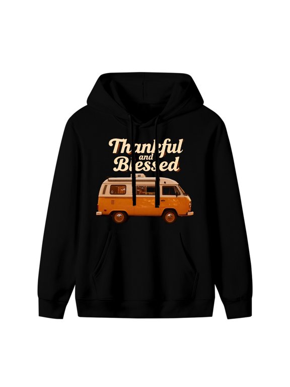 Camper Van in Autumn Forest Graphic Hoodie, Black