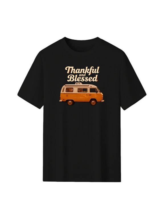 Camper Van in Autumn Forest Graphic Tee, Black Unisex T-Shirt