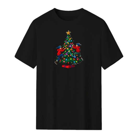 LNFAUEAPRINT Children Decorating Christmas Tree Graphic Tee, Black