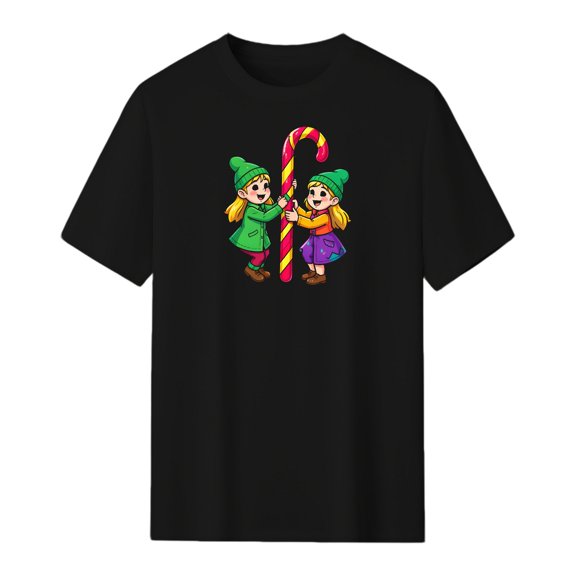 LNFAUEAPRINT Children Holding Candy Cane Christmas Graphic Tee, Black