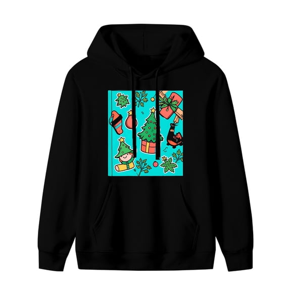 LNFAUEAPRINT Christmas Holiday Illustrations Graphic Hoodie, Black