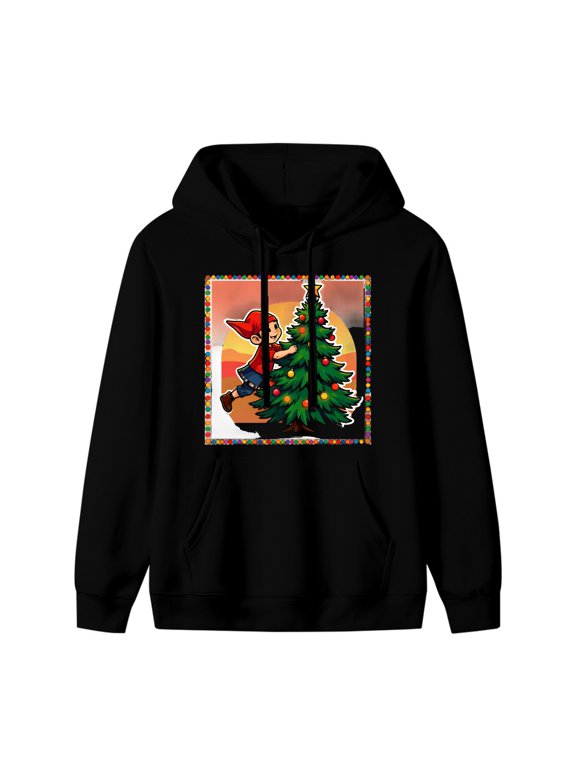 Christmas Tree Balancing Graphic Hoodie, Black Unisex Pullover
