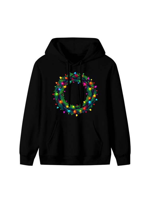 Christmas Wreath String Lights Graphic Hoodie, Black
