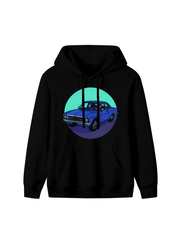 Classic Car Graphic Hoodie, Black Unisex Pullover Sweatshirt