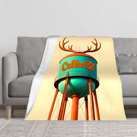 LNFAUEAPRINT Coffee Elf Water Tower with Reindeer Fleece Throw Blanket